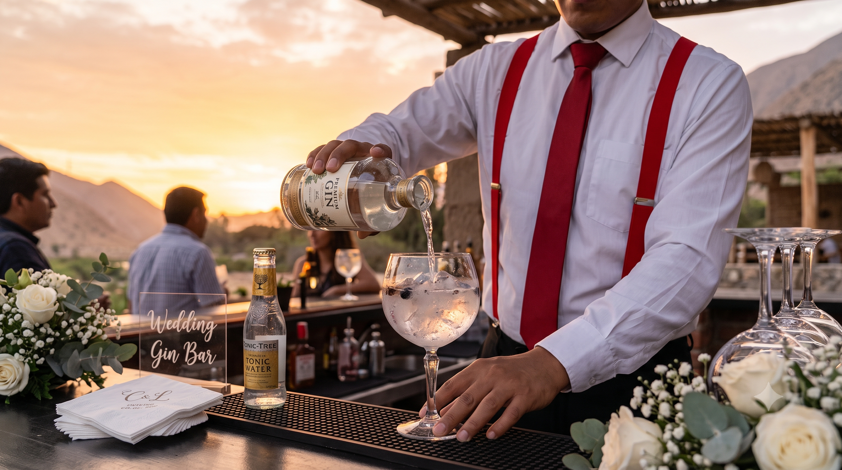 Bartender de La Reserva sirviendo un gin tonic premium en copa globo durante el atardecer en Cieneguilla