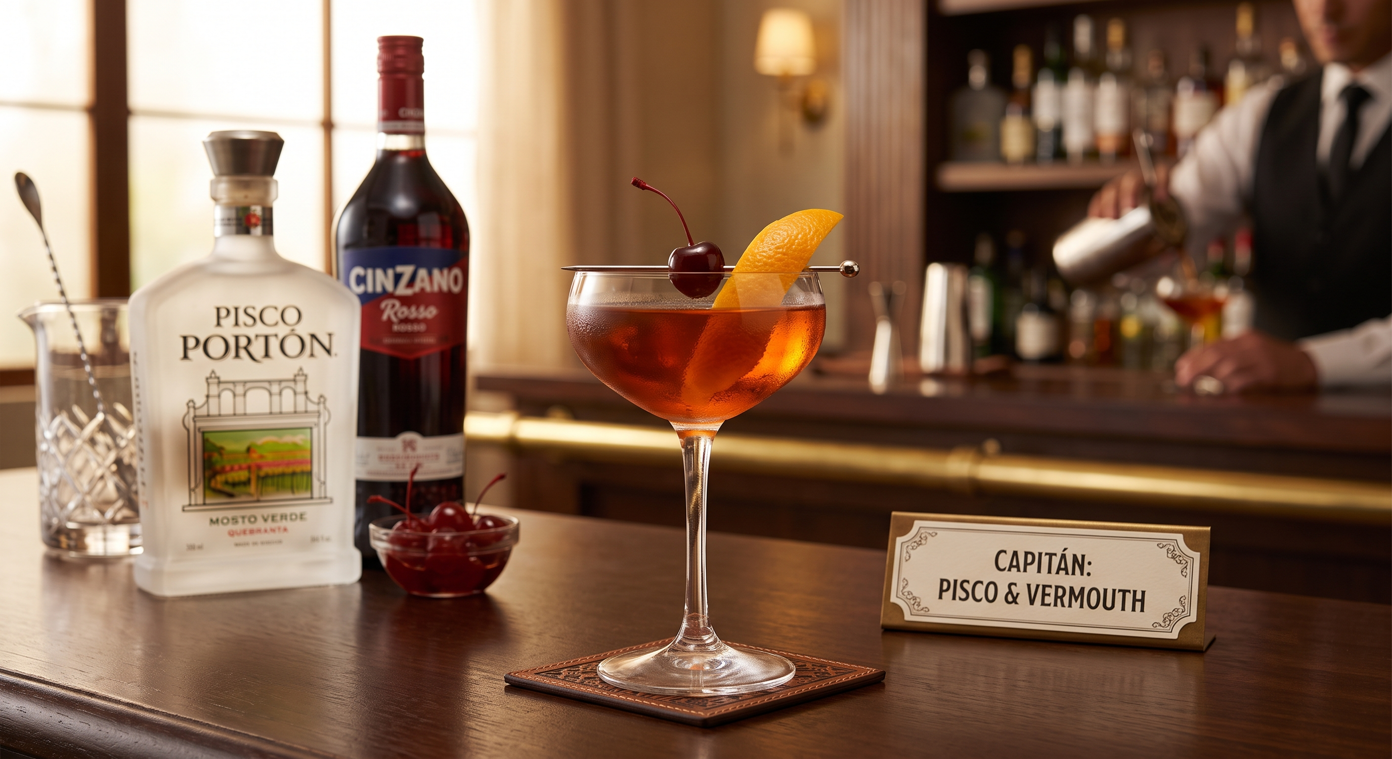 Cóctel Capitán hecho con Pisco peruano servido elegantemente en una boda