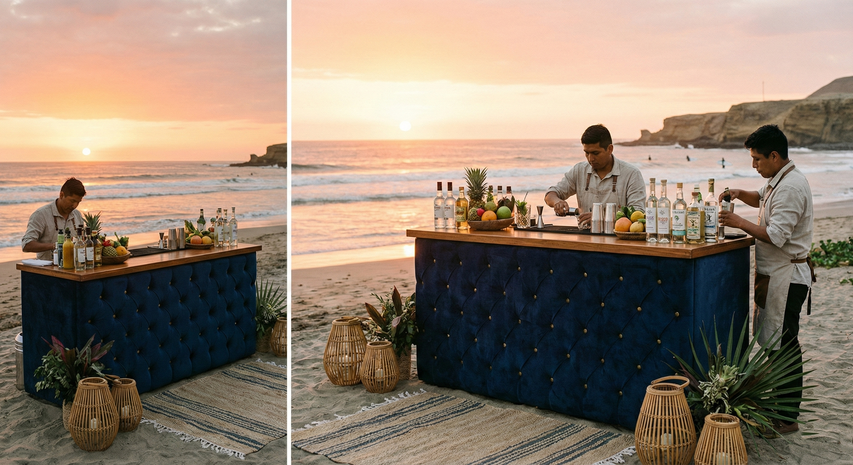 Montaje de barra móvil La Reserva en playa del sur chico durante el atardecer